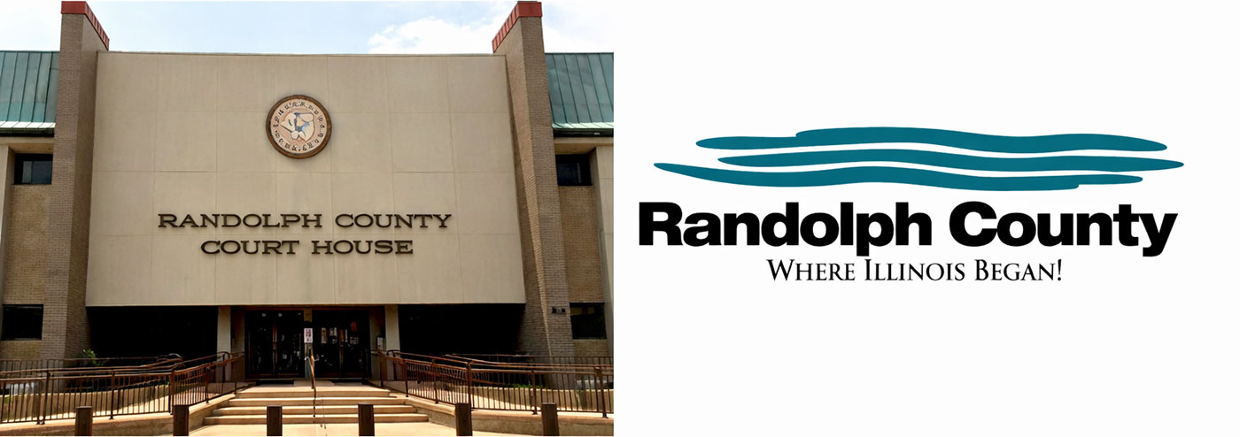 beige front of Randolph County court house and slogan: Randolph Count Where Illinois Began