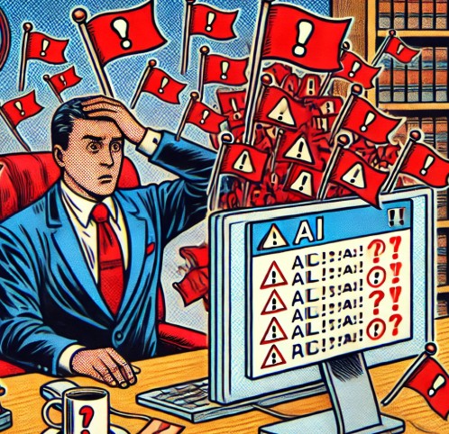 Cartoon graphic of an attorney stressed at a computer, with his hand on his head. Several red flags with exclamation points are surrounding the attorney. 
