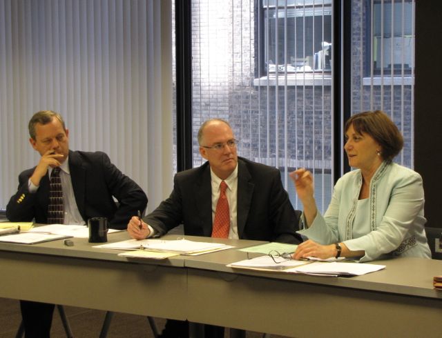 ISBA President John E. Thies (center) and University of Illinois College of Law Professor Andrew D. Leipold listen as the Hon. Rita M. Novak speaks during a recent meeting of the ISBA’s Special Committee on Fair and Impartial Courts.