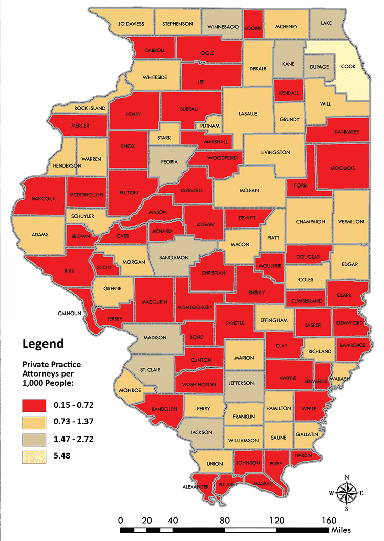 Map showing Number of Private Practice Attorneys in Illinois by County per 1,000 People, see tables below for data