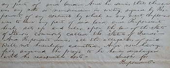 The closing lines of the second page of Lincoln’s answer on behalf of Robert Rutledge in the case of Funk v. Rutledge. The full document was acquired by the author in 2008 and donated to the McLean County Museum of History in 2019.