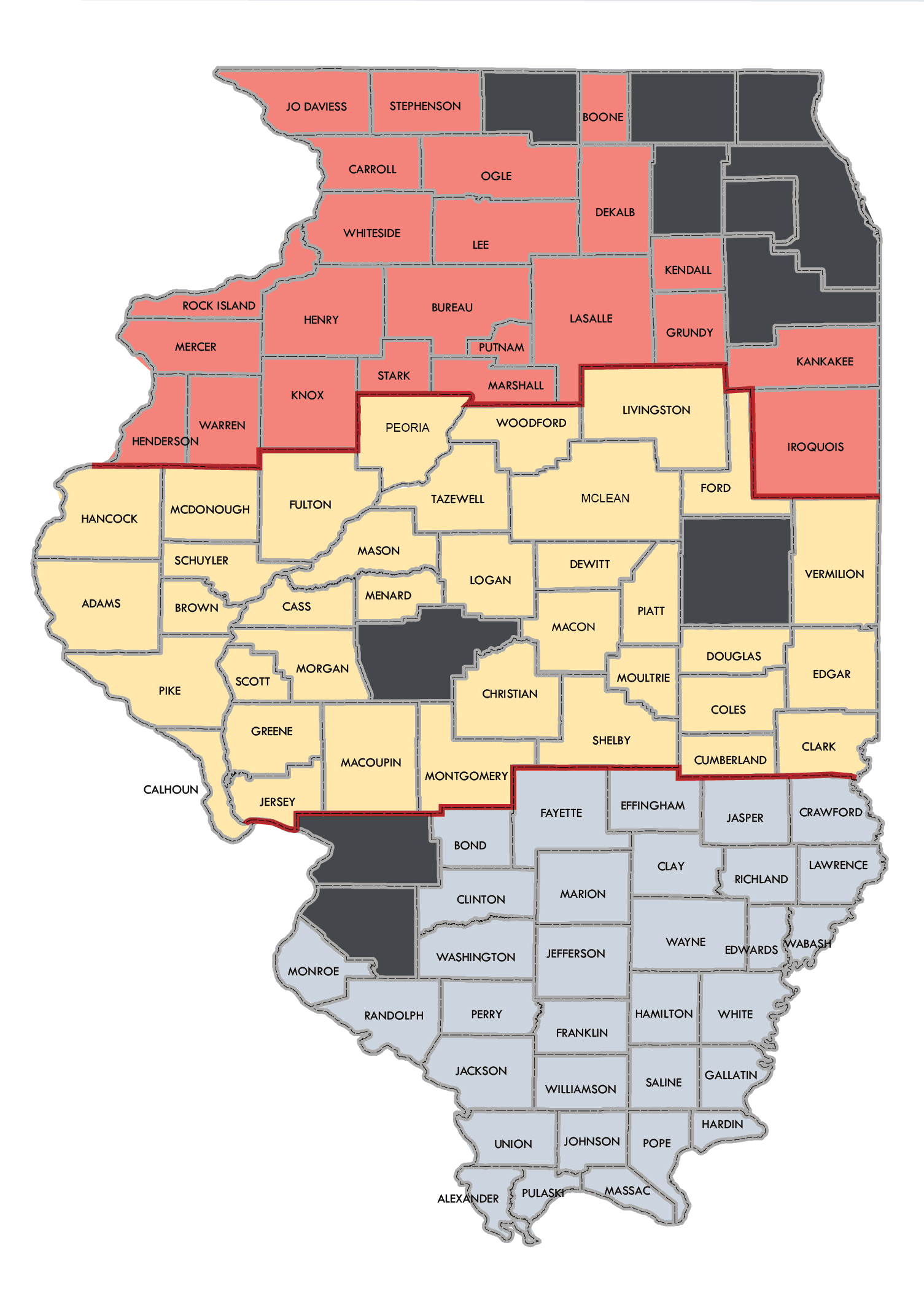 map showing counties of Illinois by regions