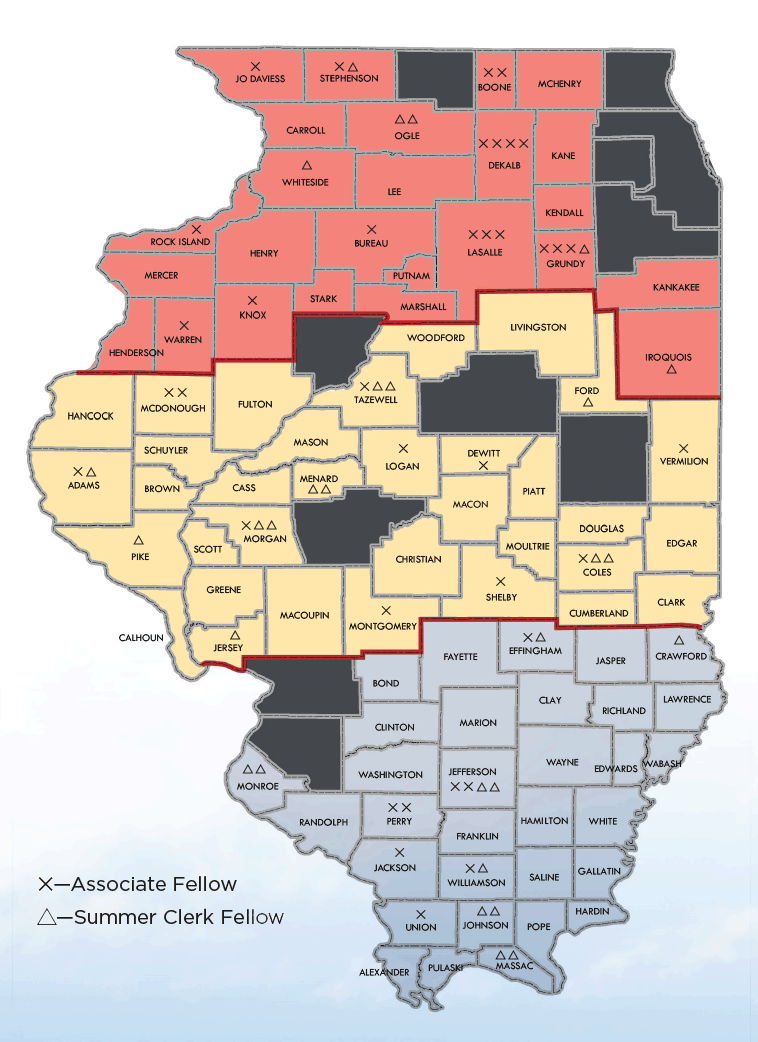 map of Illinois showing the number of clerks and associates placed by county.