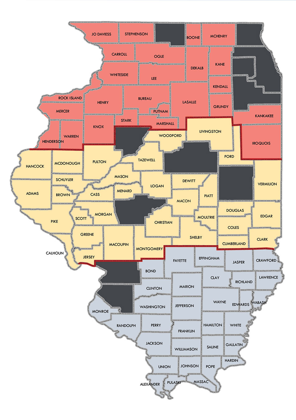 map showing counties of Illinois by regions