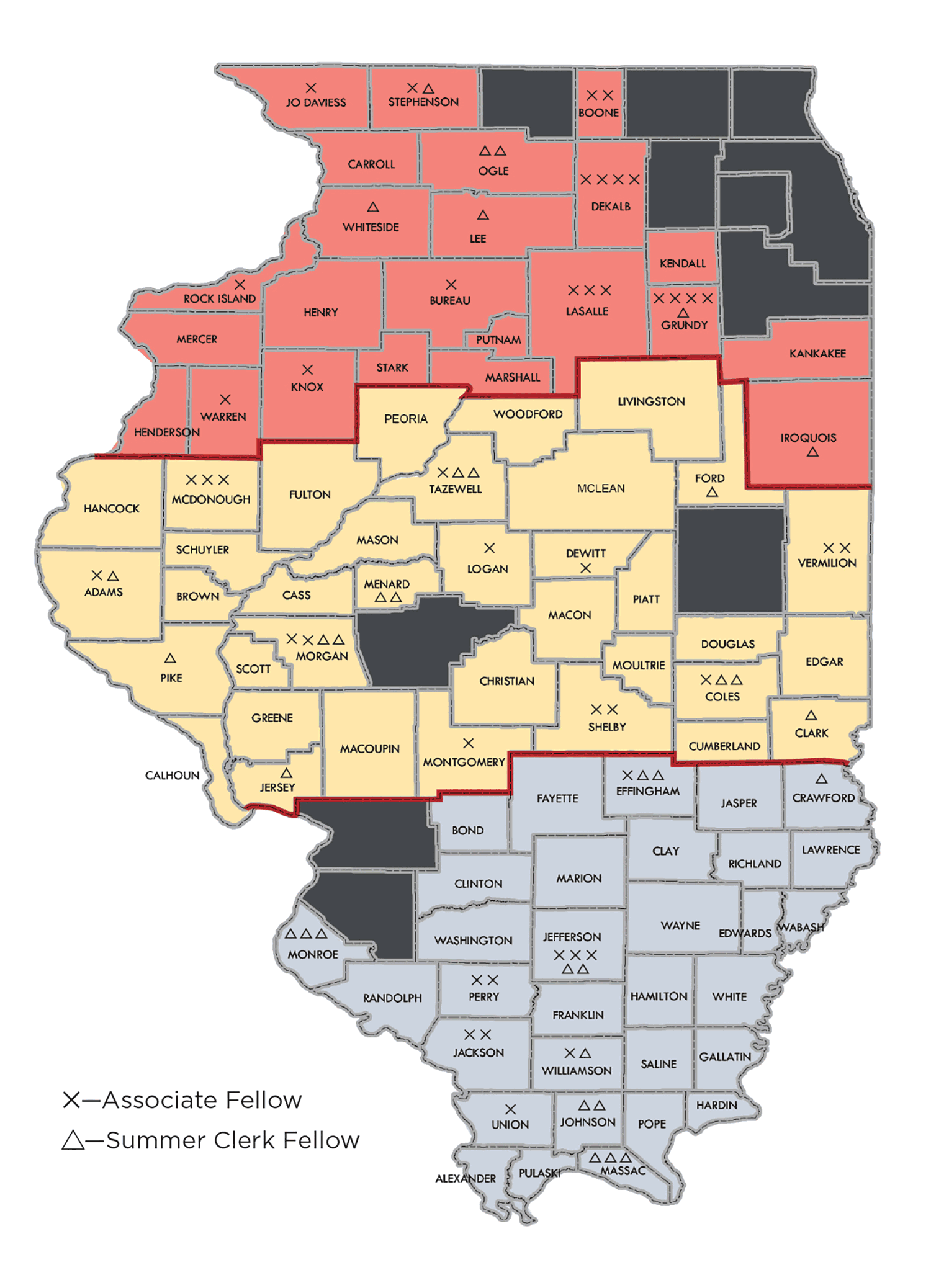 map of Illinois showing the number of clerks and associates placed by county. 