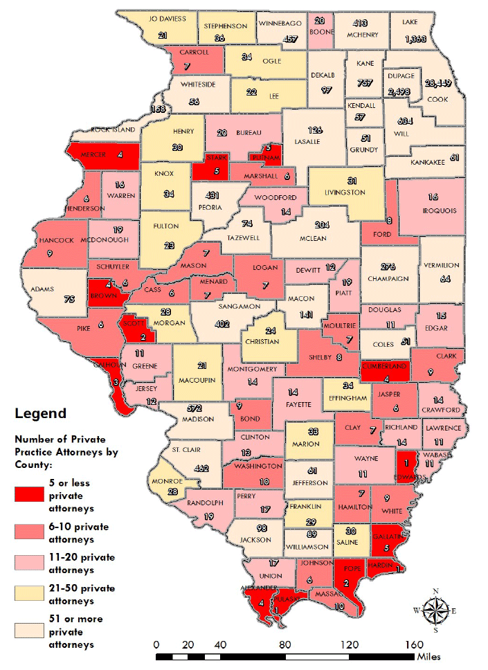 Number of Private Practice Attorneys in Illinois by County
