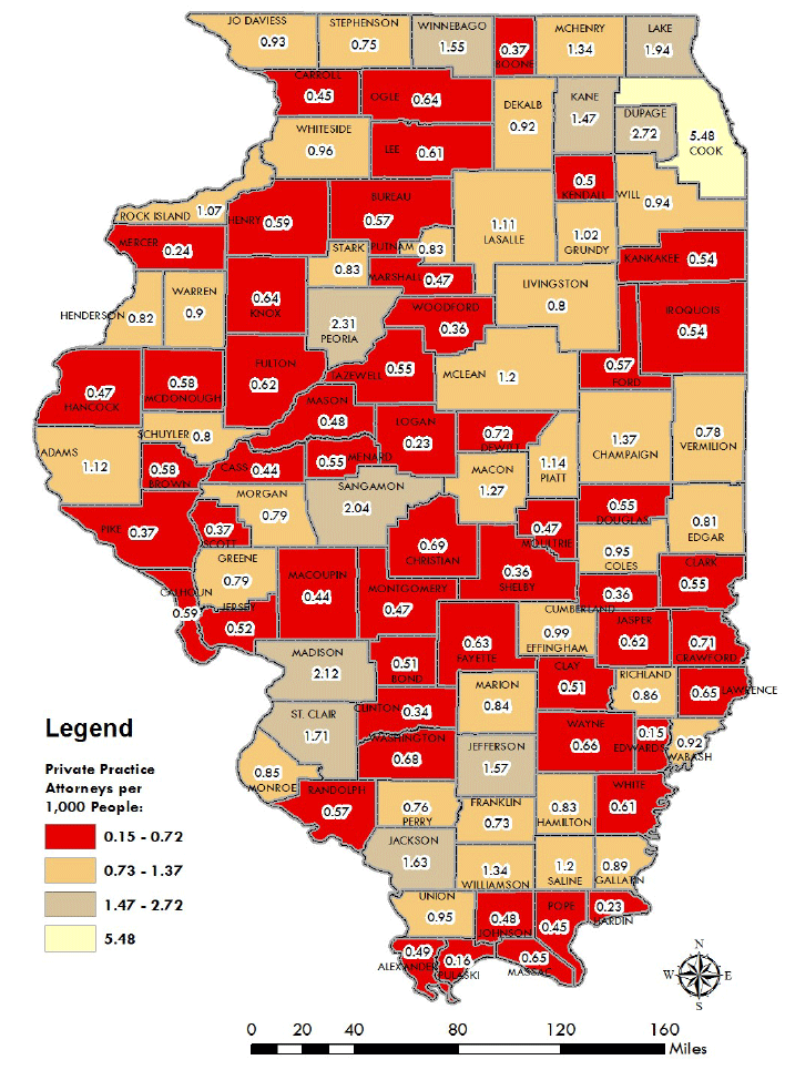 Map showing Number of Private Practice Attorneys in Illinois by County per 1,000 People, see tables below for data