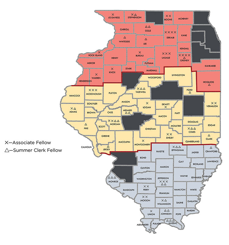 map of Illinois showing the number of clerks and associates placed by county.