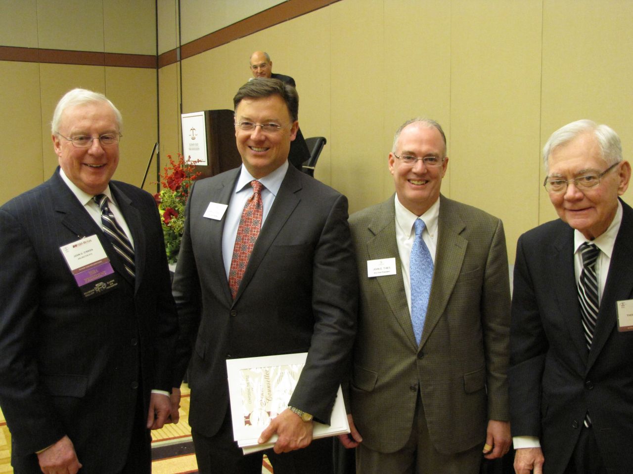 (Click to enlarge) ISBA President John O'Brien, ISBA 2nd Vice President John Locallo, ISBA 3rd Vice President John Thies and Illinois State Supreme Court Chief Justice Thomas Fitzgerald.