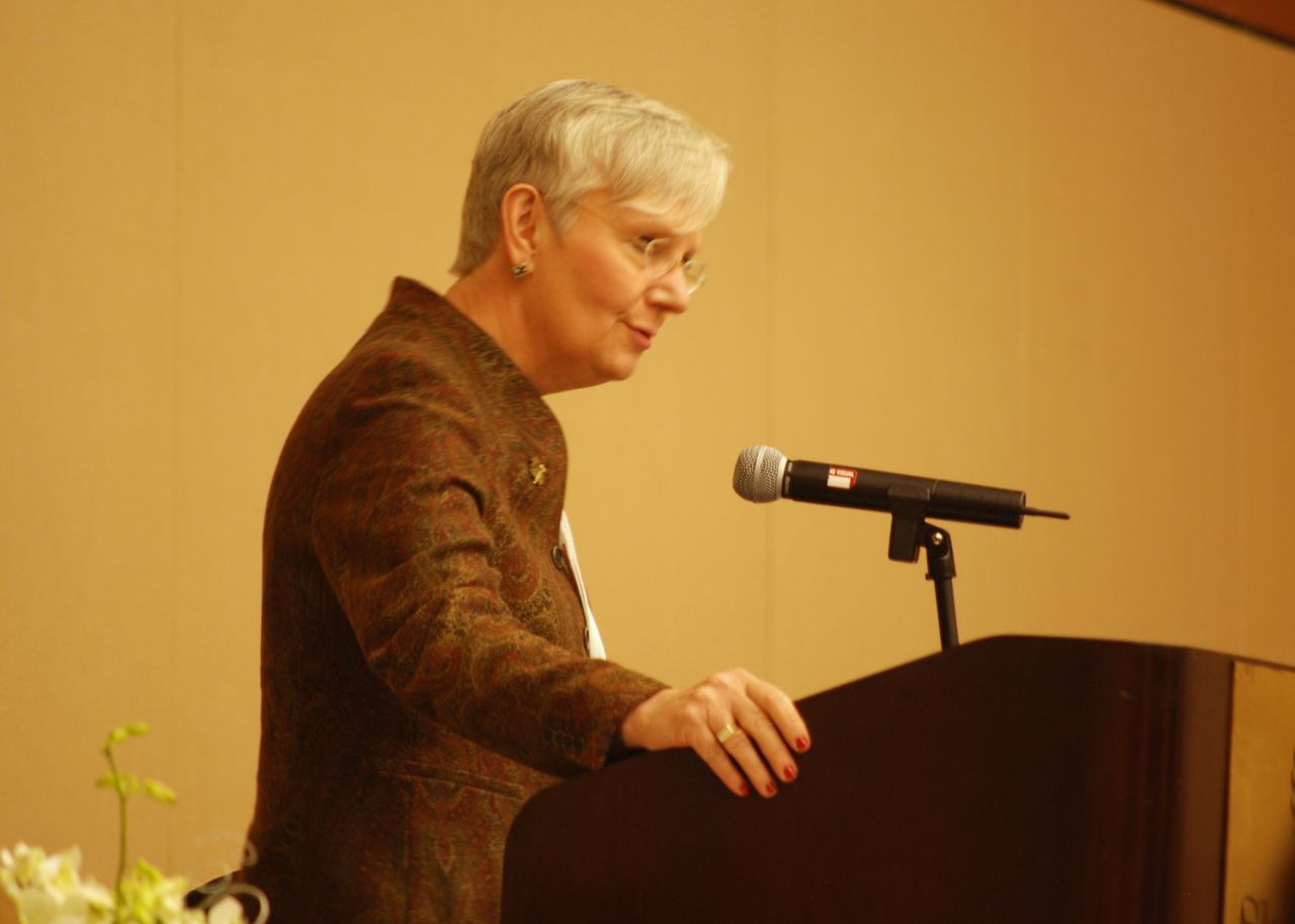 ISBA Board of Governors member Judge Mary Jane Theis addresses the crowd.