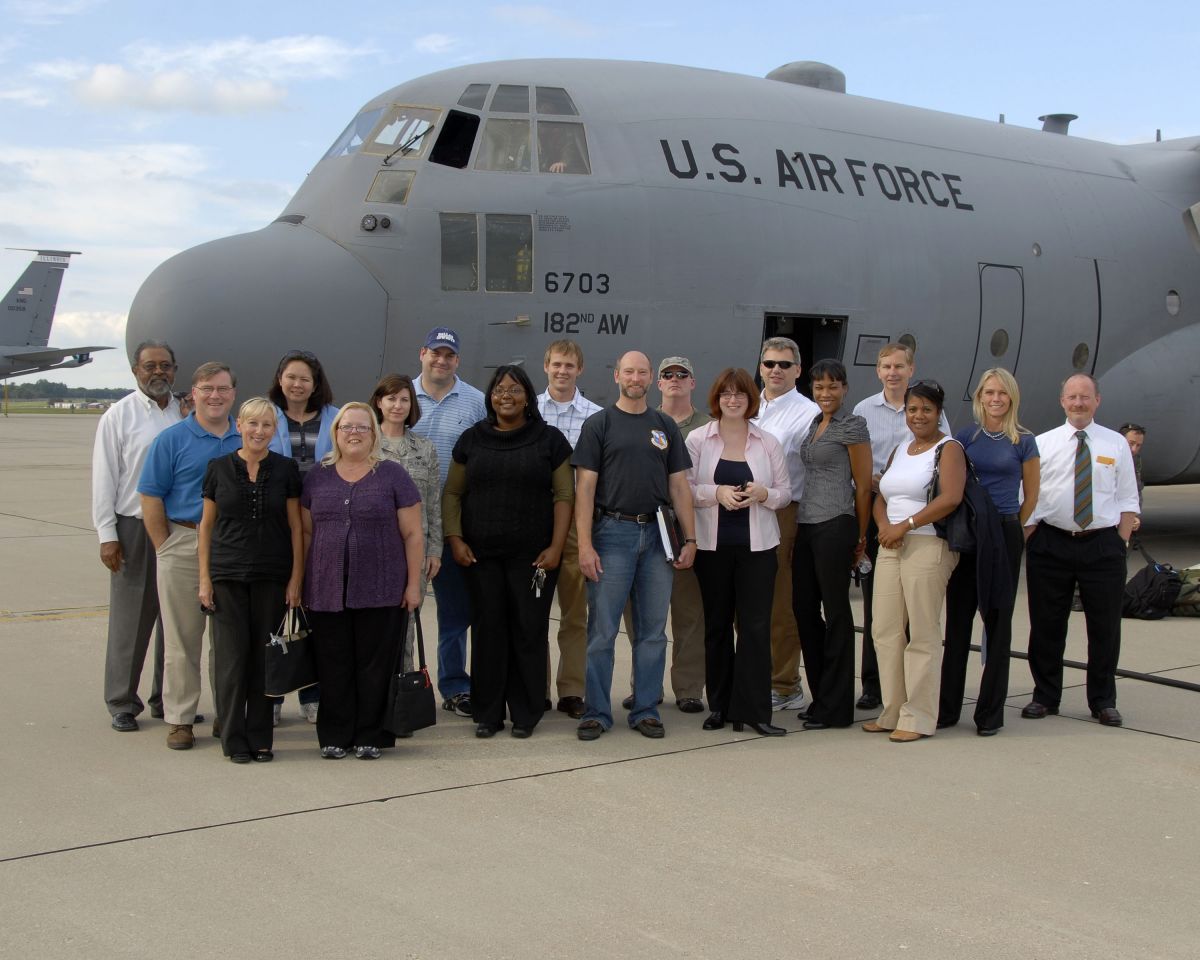 Participants in the Peoria County Bar Association's Military Affairs Seminar on Sept. 23 enjoyed a ride on a C130 cargo flight. Participants included (from left to right): Donald Jackson, Rodney Clark, Sherry Allen-Baumgart, Michele Miller, Linda Raineri, Patricia Hurt, William Rasmussen, Ketura Baptiste, Jay Scholl, David Benckedorf, Joseph Butler, Megan Moore, Brian Clauss, Akeela Savage White, Thomas Cunnington, Jeanne Wood, Patricia Orler and Michael Lied.