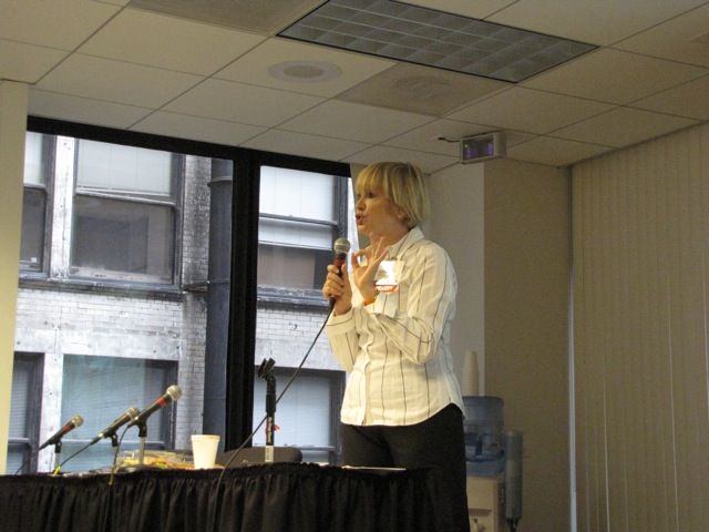 Speaker Delilah Flaum makes a point.