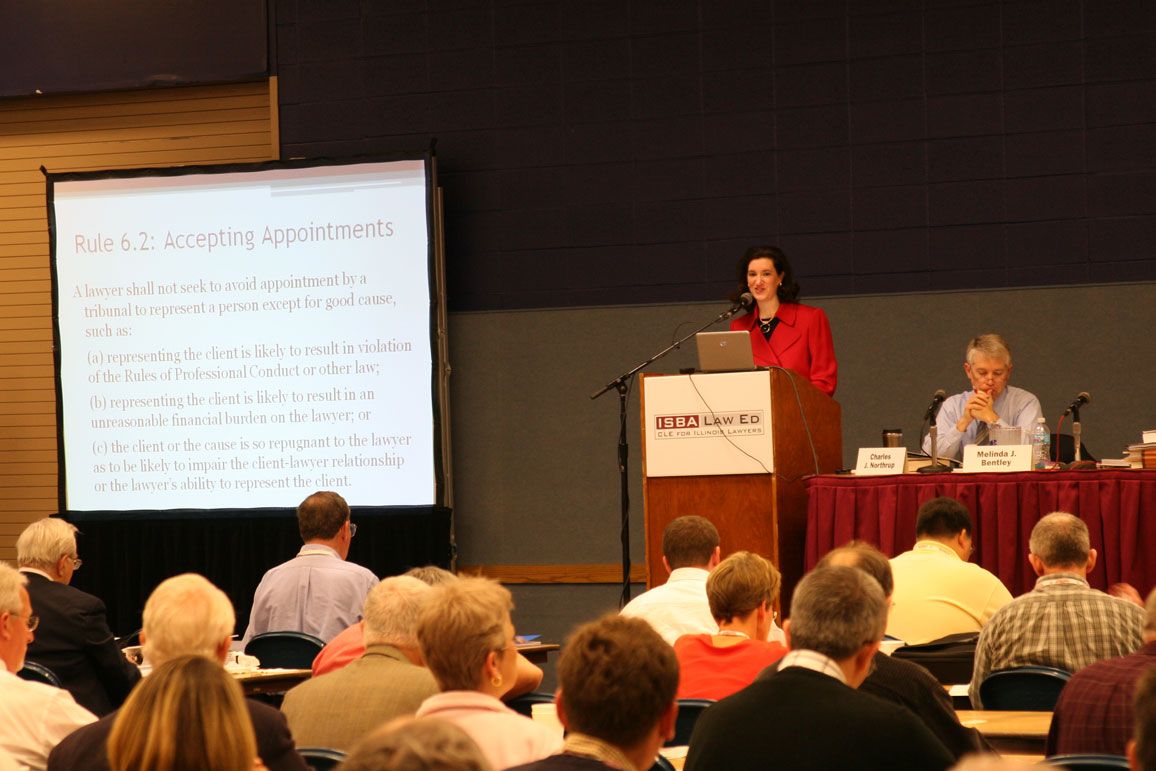 ISBA first assistant counsel Melinda Bentley speaks to an opening session on the New Illinois Supreme Court Rules of Professional Conduct; also speaking was General Counsel Charles Northrup.