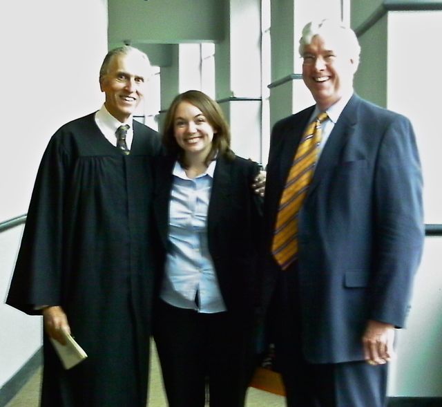 Appellate Justice William E. Holdridge, new admittee Abigail Waeyaert and George F. Mahoney III 