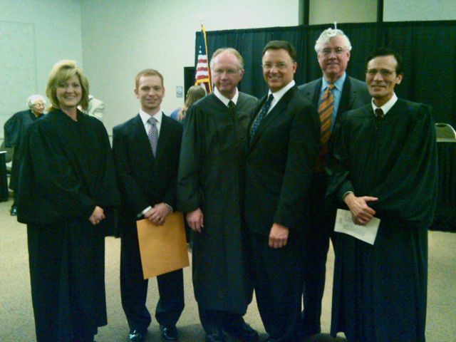 Appellate Justice Mary K. O'Brien, new admittee Zachary Hooper, Chief Justice Thomas L. Kilbride, ISBA President-elect John G. Locallo, George F. Mahoney III and Justice Tom M. Lytton