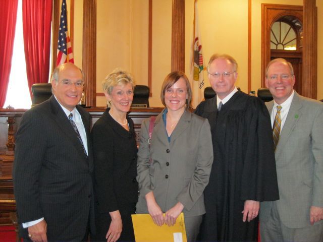ISBA President-elect Mark Hassakis, Patty Howard, new admittee Mary Howard, Justice Thomas L. Kilbride and Mary's father, attorney and ISBA member Tim Howard