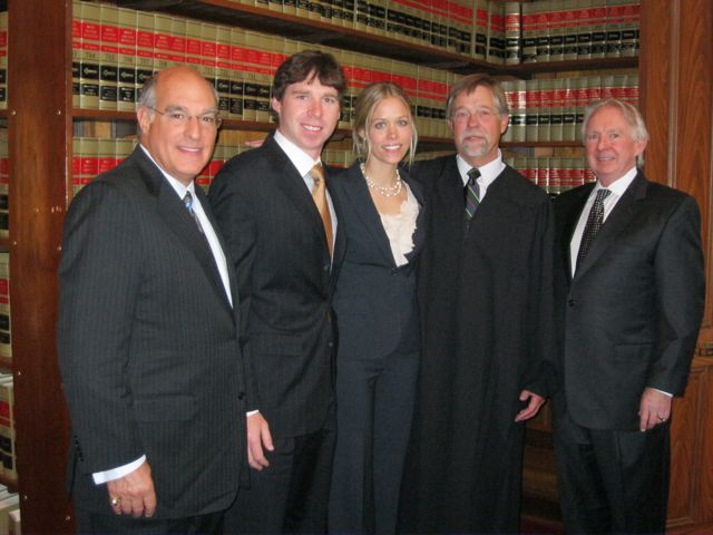 ISBA President-elect Mark Hassakis, new admittee Shaun Cusack, new admittee Lacey Camille Shoff, Justice William E. Holdridge and attorney and ISBA member Dan Cusack