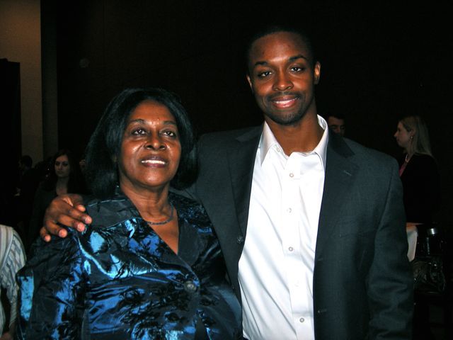 New admittee Peniel Manigat of Chicago celebrating with his mother Prospera Dinoro of Southern Illinois.