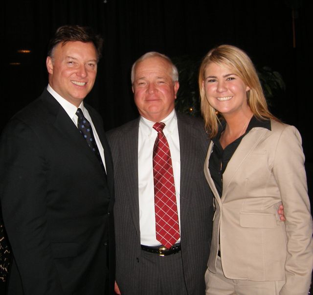 Two of the speakers at the ceremony, ISBA President Elect John G. Locallo (left) and Gordon R. Broom (center), visit with new admittee Jennifer Hoffman.