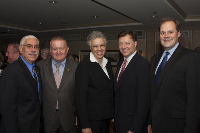 Cook County Assessor Joe Berrios (from left), ISBA Board member Judge Russell Hartigan, Cook County President Toni Preckwinkle, ISBA President-elect John Locallo and ISBA Secretary Mark Wojcik. - Photo by Artur Zadrozny 