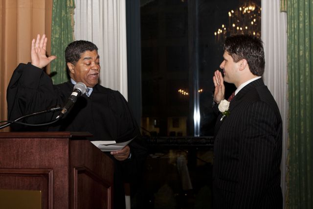 Cook County Chief Judge Timothy Evans swears in new president Robert Groszek. - Photo by Artur Zadrozny