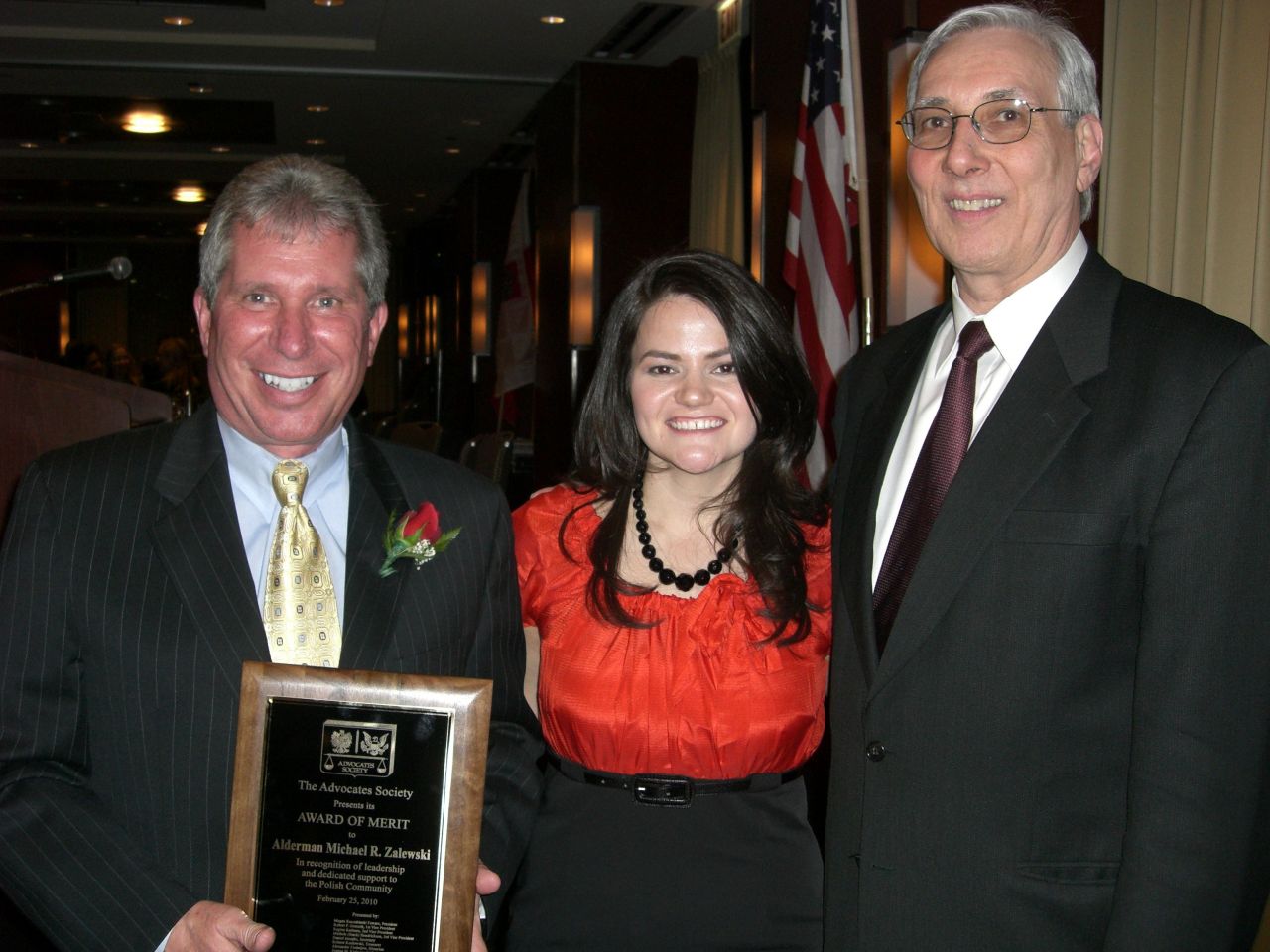 The Honorable Michael Zalewski, Alderman-23rd Ward and Advocates Society Award of Merit Honoree, Megan Kaszubinski Ferraro, newly installed Advocates Society President, and Mark Kupiec, Advocates Society member.