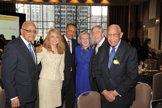 Hon. Everette Braden (Ret.), Michele Jochner, Lionel Jean-Baptiste and Dawn Clark Netsch, greet Honorary Co-Chairs Jerold S. Solovy and Hon. George N. Leighton (Ret).
