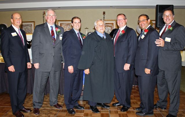 The Executive Board of the NWSBA. From left are: Ronald Wittmeyer; secretary; William Kelley, treasurer; Donald Cosley, executive vice president; Judge Joseph Urso, presiding judge in the Third Municipal District of Cook County; Lee DeWald, president; Neil Good, first vice president; and Michael Meschino, second vice president.