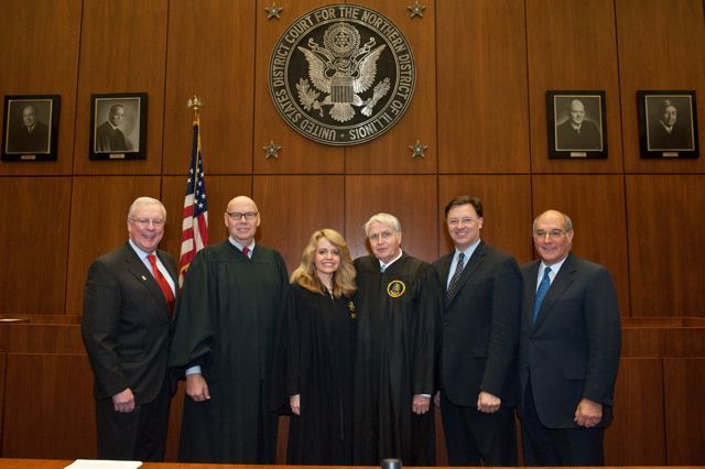 ISBA President John G. O'Brien; Chief Judge James F. Holderman; Michele Jochner; ISBA Past President Bob Downs; ISBA 2nd Vice President John G. Locallo; ISBA President-Elect Mark D. Hassakis. 