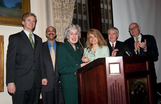 Officers of the Chicago Alumni Chapter present the newly-renamed award to Justice McMorrow.  Kevin M. Hull, luncheon chair and member of the Board of Directors; Pierre Priestley, Chapter Vice Justice; Hon. Mary Ann McMorrow; Michele Jochner; Robert K. Downs, Chairman of the Board; Hon. James F. Holderman, Honorary Board Chair.