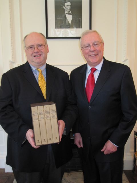 ISBA President John O'Brien presents "The papers of Abraham Lincoln" to Chicago History Museum President Gary T. Johnson.