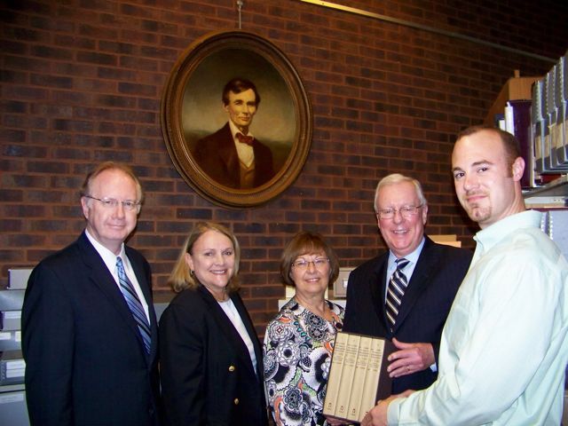 President John O'Brien presented "The Papers of Abraham Lincoln" to the Pekin Library on Wednesday, May 26. On hand for the event were (left to right): Justice Thomas Kilbride, Sue Bositch, Vickie Koch (library board president), President O'Brien, and Jeff Brooks 
