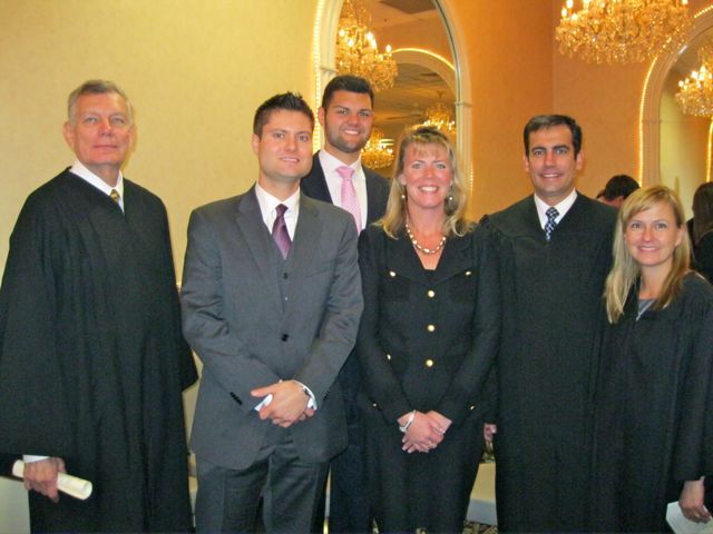 Judge Clarence A. Darrow, new admittee Bryan Hernandez,  new admittee Adam Bowton, ISBA Treasurer Karen Enright, Circuit Judge Clarence M. Darrow and Judge Sara L. Darrow