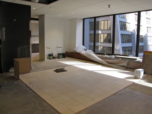 Tile has been installed in the main reception area.