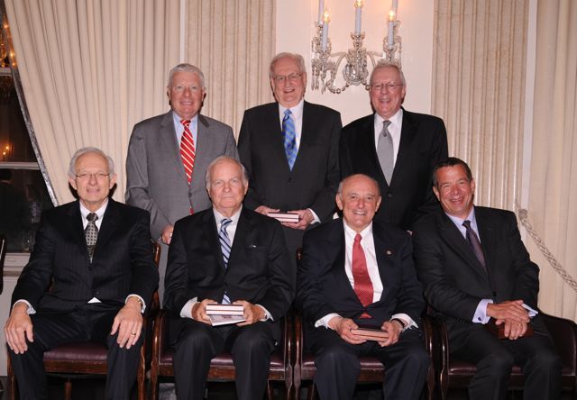 The Class of 2011 Laureates (front row, left to right): John B. Kincaid, William V. Johnson, Gino L. DiVito, Peter J. Birnbaum; (back row, left to right): David B. Sosin, Leo H. Konzen and presenter and chancellor of the Board of Regents John G. O'Brien. Rosalyn B. Kaplan was inducted posthumously.