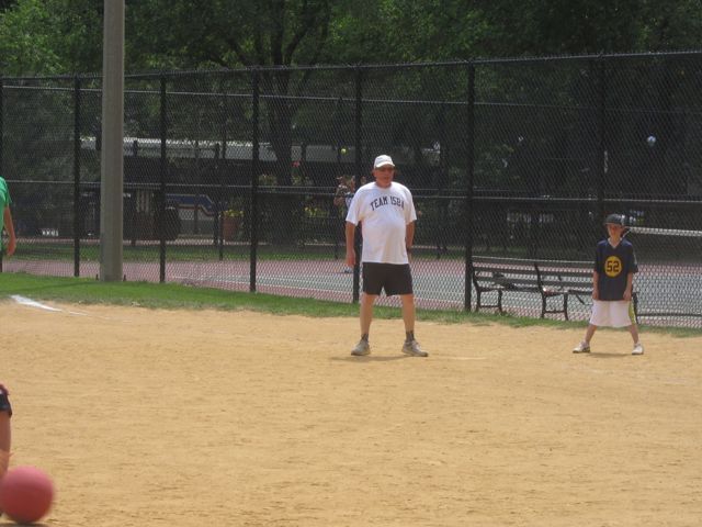 ISBA Board member Jim McCluskey got the team's first hit.