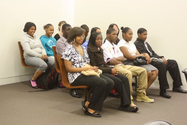 Students listen in court at the Daley Center.