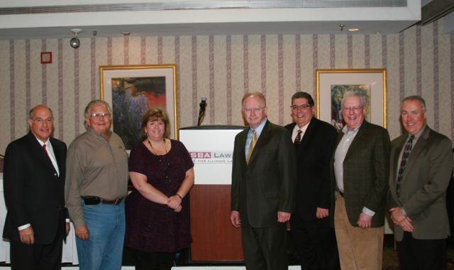 ISBA Immediate Past President Mark Hassakis, ISBA Past President Jack Carey, ISBA Board member and Solo and Small Firm chair Lisa Nyuli, Chief Justice Kilbride, ISBA 3rd Vice President Richard D. Felice, ISBA Past President John O'Brien and ISBA Board member Umberto Davi