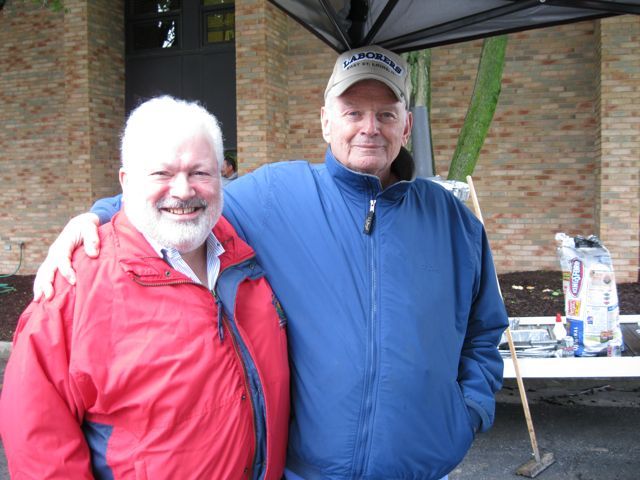 Fifth District Appellate Justice Richard Goldenhersh and Belleville lawyer Bruce Cook stay close to the slow cooker. Ribs, chicken and other BBQ staples were served.