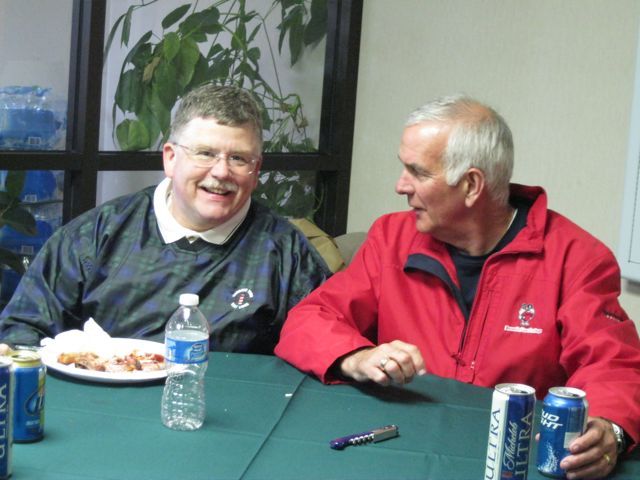 John O'Gara and John English find a dry spot inside to rehash recent legal lore. English served many years on the ISBA Judicial Evaluations Committee. O'Gara is Public Defender of St. Clair County.