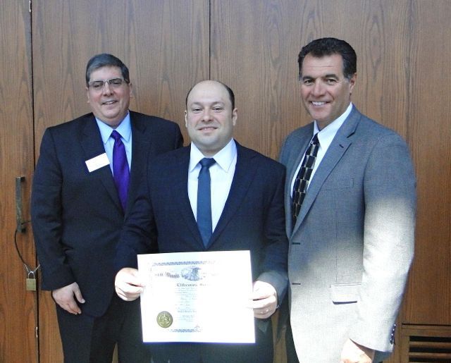 ISBA 3rd Vice President Richard D. Felice, new admittee Tim Garris of Elgin and his mentor, attorney John Holevas of WilliamsMcCarthy in Rockford