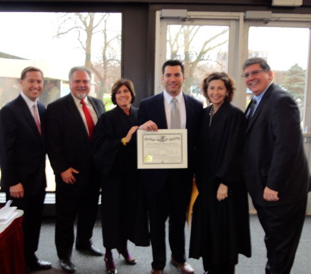 ISBA Secretary John Nisivaco, Atty. Al Stavros, Appellate Justice Mary S. Schostok, new admittee Vincent Stavros, Appellate Justice Ann Jorgensen and ISBA 2nd Vice President Richard D. Felice
