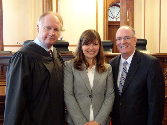 Chief Justice Kilbride, ISBA President-elect John E. Thies  and new admittee Carrie Clark