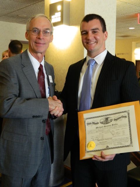 New admiteee Michael G. Butts (Bloomington) with ISBA Treasurer Hon. Stephen R. Pacey 