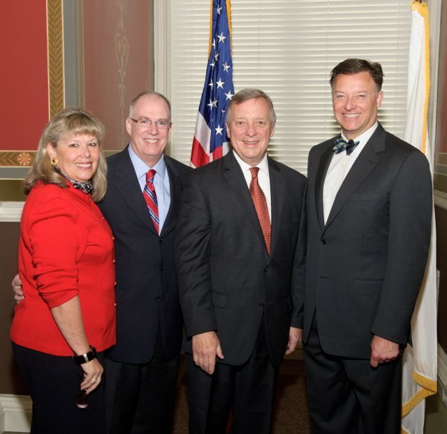 ISBA 2nd Vice President Paula H. Holderman, ISBA President-elect John E. Thies, U.S. Senator Richard Durbin and ISBA President John G. Locallo met during the Illinois Constituent Coffee during the recent ABA Day in Washington, D.C.