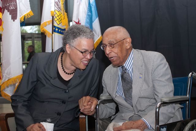 President Preckwinkle and Judge Leighton share a moment prior to the unveiling of the permanent lobby exhibit chronicling his life. This exhibit was underwritten by The John Marshall Law School, where Judge Leighton served as an adjunct professor for nearly 40 years.