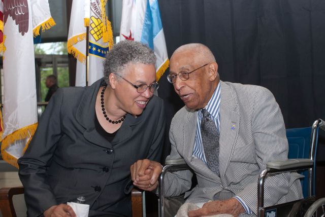 President Preckwinkle and Judge Leighton share a moment prior to the unveiling of the permanent lobby exhibit chronicling his life.  This exhibit was underwritten by The John Marshall Law School, where Judge Leighton served as an adjunct professor for nearly 40 years. 