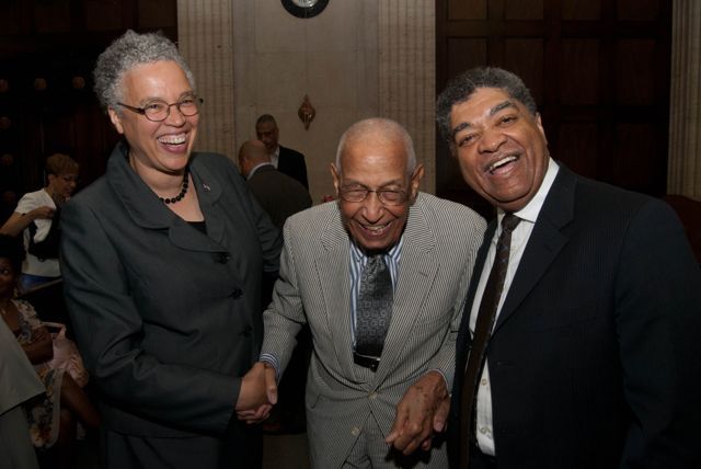Cook County Board of Commissioners President Toni Preckwinkle, Judge Leighton, and Hon. Timothy C. Evans, Chief Judge of the Circuit Court of Cook County, share a pleasant moment prior to the ceremony.