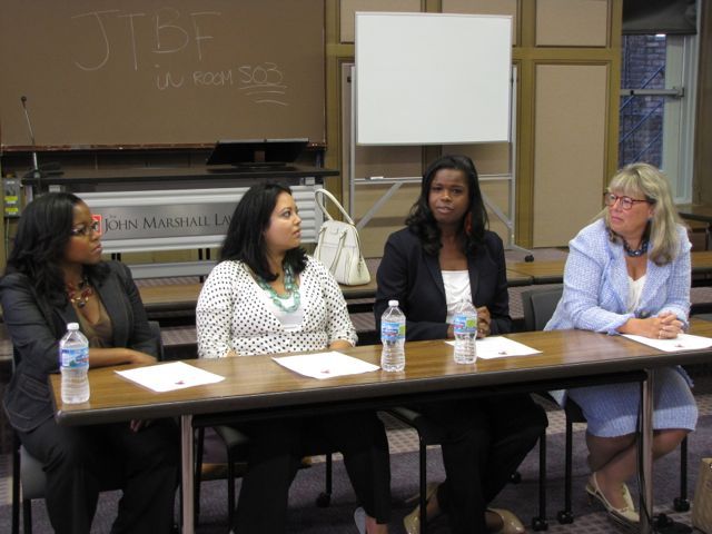 The Women in the Law panel consisted of (left to right) Tiffanie Powel of Tiffanie B. Powell and Associates, Nubia Willhem and the Legal Assistance Foundation, Kimberly Foxx of the Cook County State’s Attorney’s Office and ISBA President-elect Paula H. Holderman of Winston & Strawn.