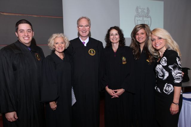 Prior to the ceremony, Illinois Supreme Court Justice Anne M. Burke (second from left) and Executive Director of the Illinois Supreme Court's Commission on Professionalism, Jayne R. Reardon (third from right), meet with Phi Alpha Delta leaders, Tim Handell, Justice of the Webster Chapter at the Loyola University School of Law, John K. Norris, District XI Justice; Deanna Radjenovich, Justice of the Lincoln Chapter at The John Marshall Law School, and Michele Jochner, Assistant District XI Justice and Chair of the Executive Board of the Chicago Alumni Chapter.